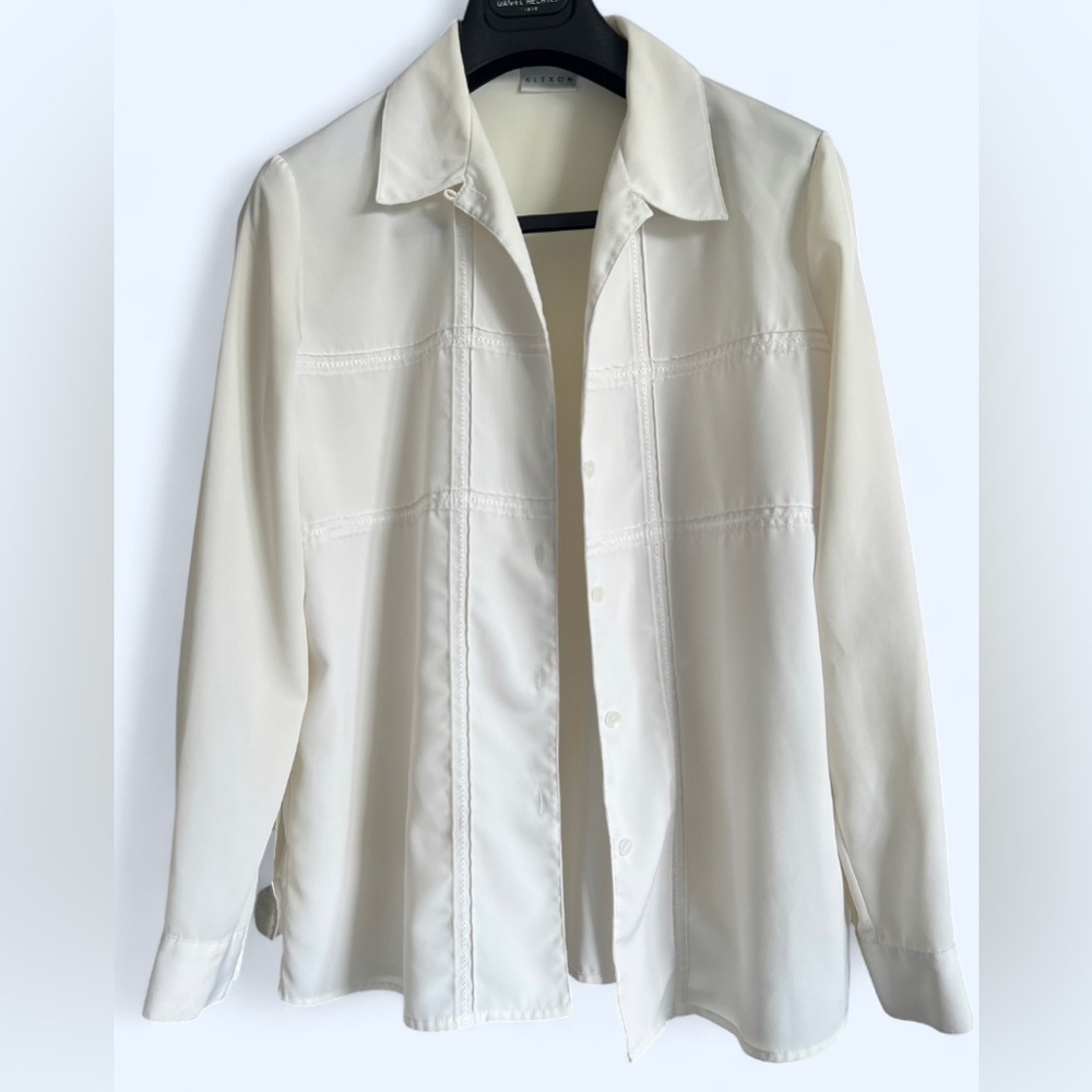 90s Vintage White Alexon Button Up Knit Plaid Design Blouse Cottagecore Boho 12